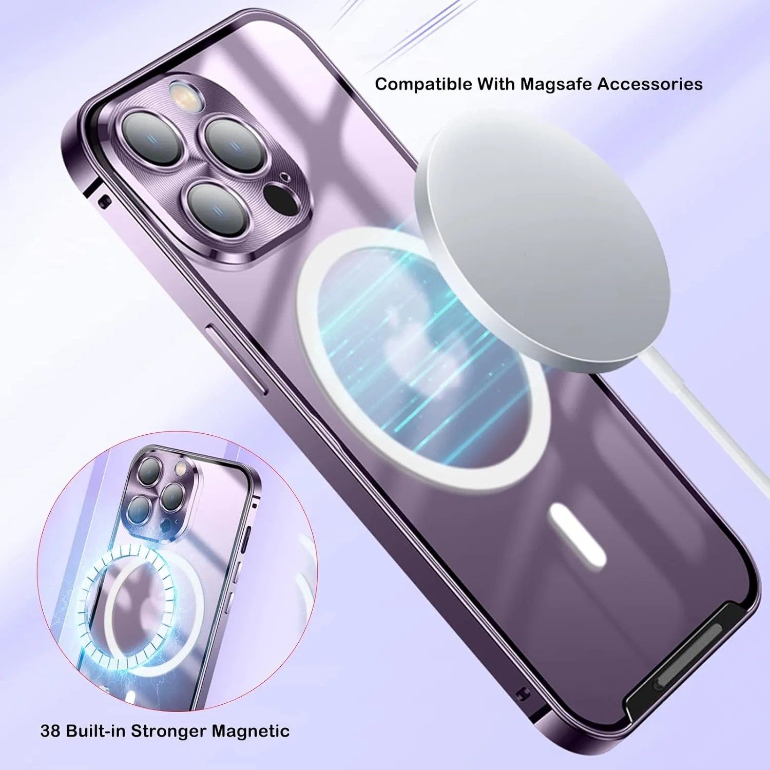 for iPhone 13 Case Compatible with MagSafe Charger Ultra Slim Matte PC Back Metal Frame Bumper Scratch Resistant Safety Lock Shockproof Protective Case, Silver