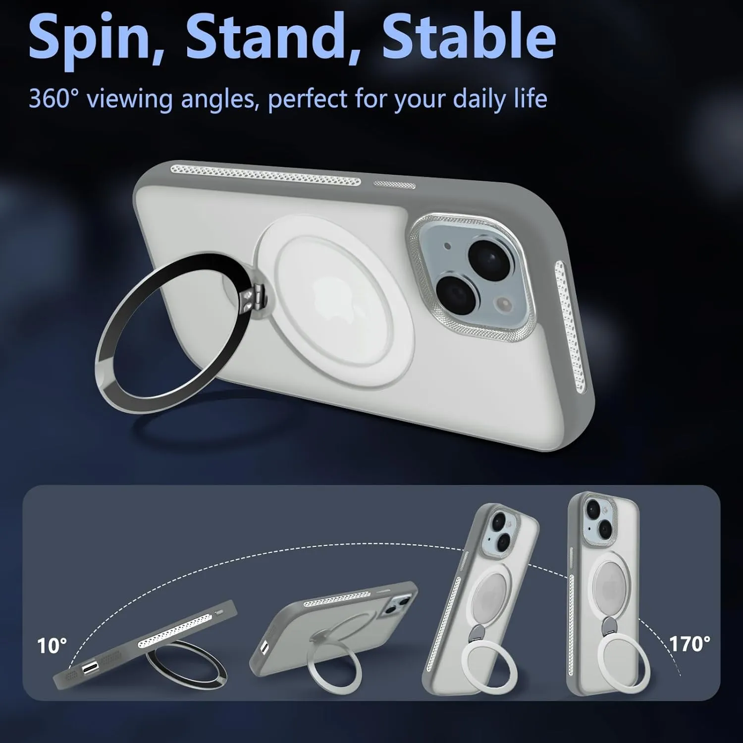 for iPhone 14 Case,iPhone 13 Case with 360 Spin Magnetic Stand Compatible with MagSafe [Built-in Invisible Bracket][with Honeycomb Cooling Holes] Good Heat DissipationGrey