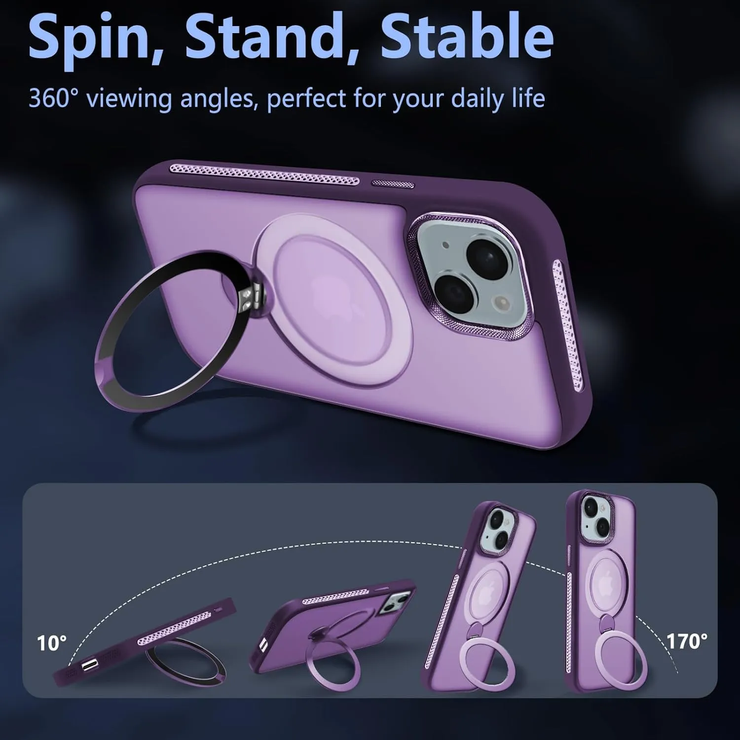 for iPhone 14 Case,iPhone 13 Case with 360 Spin Magnetic Stand Compatible with MagSafe [Built-in Invisible Bracket][with Honeycomb Cooling Holes] Good Heat DissipationPurple