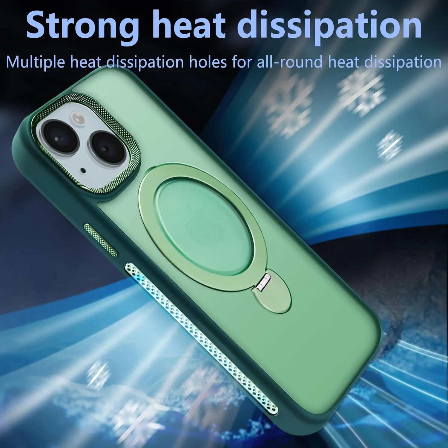 for iPhone 15 Case with 360 Spin Magnetic Stand Compatible with MagSafe [Built-in Invisible Bracket][with Honeycomb Cooling Holes] Good Heat DissipationMetal Lens FrameGreen