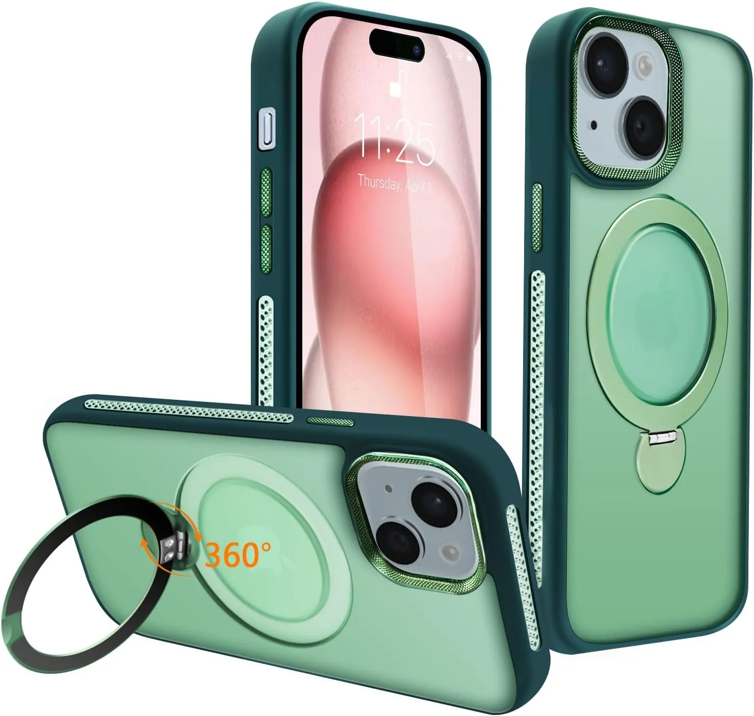 for iPhone 15 Case with 360 Spin Magnetic Stand Compatible with MagSafe [Built-in Invisible Bracket][with Honeycomb Cooling Holes] Good Heat DissipationMetal Lens FrameGreen