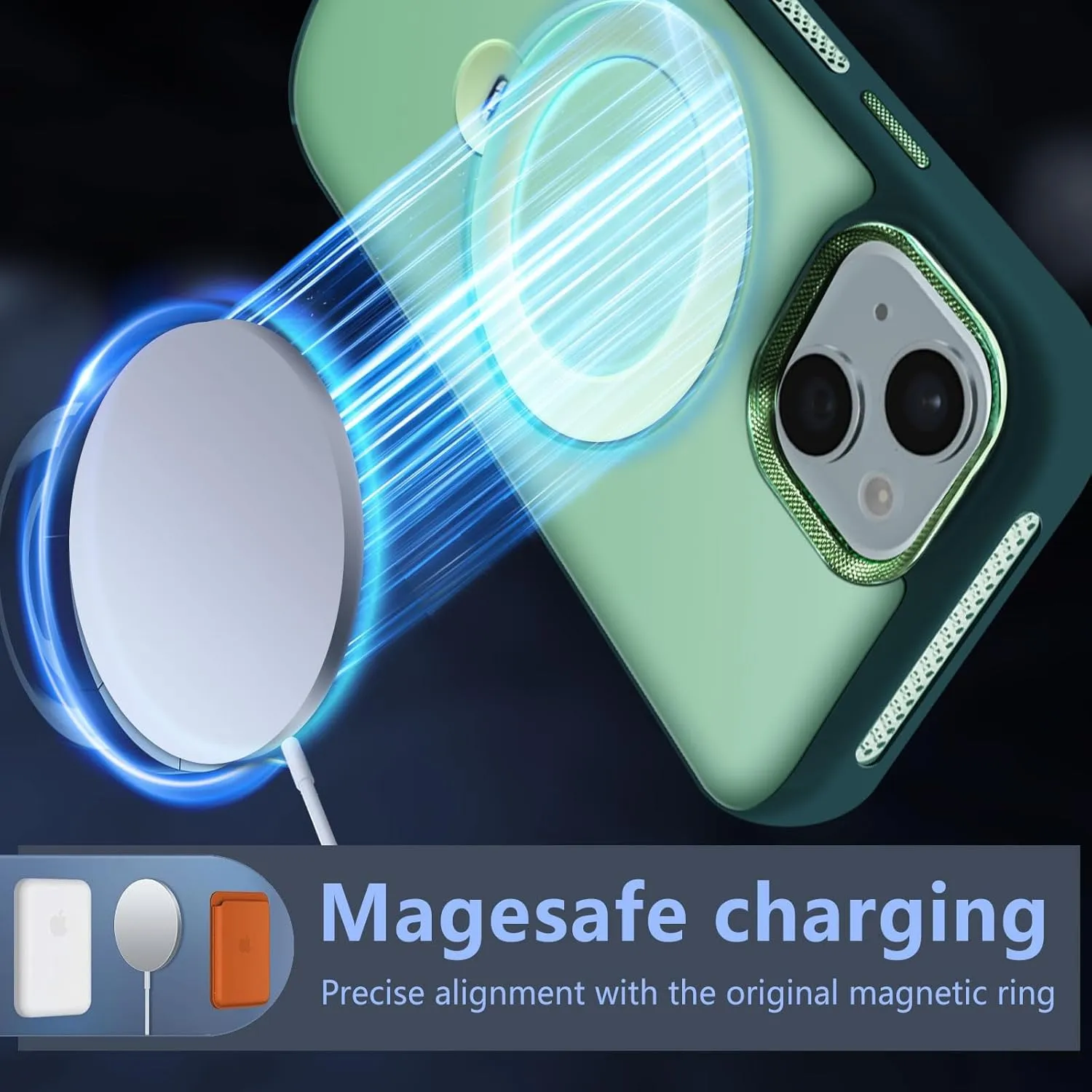 for iPhone 15 Case with 360 Spin Magnetic Stand Compatible with MagSafe [Built-in Invisible Bracket][with Honeycomb Cooling Holes] Good Heat DissipationMetal Lens FrameGreen