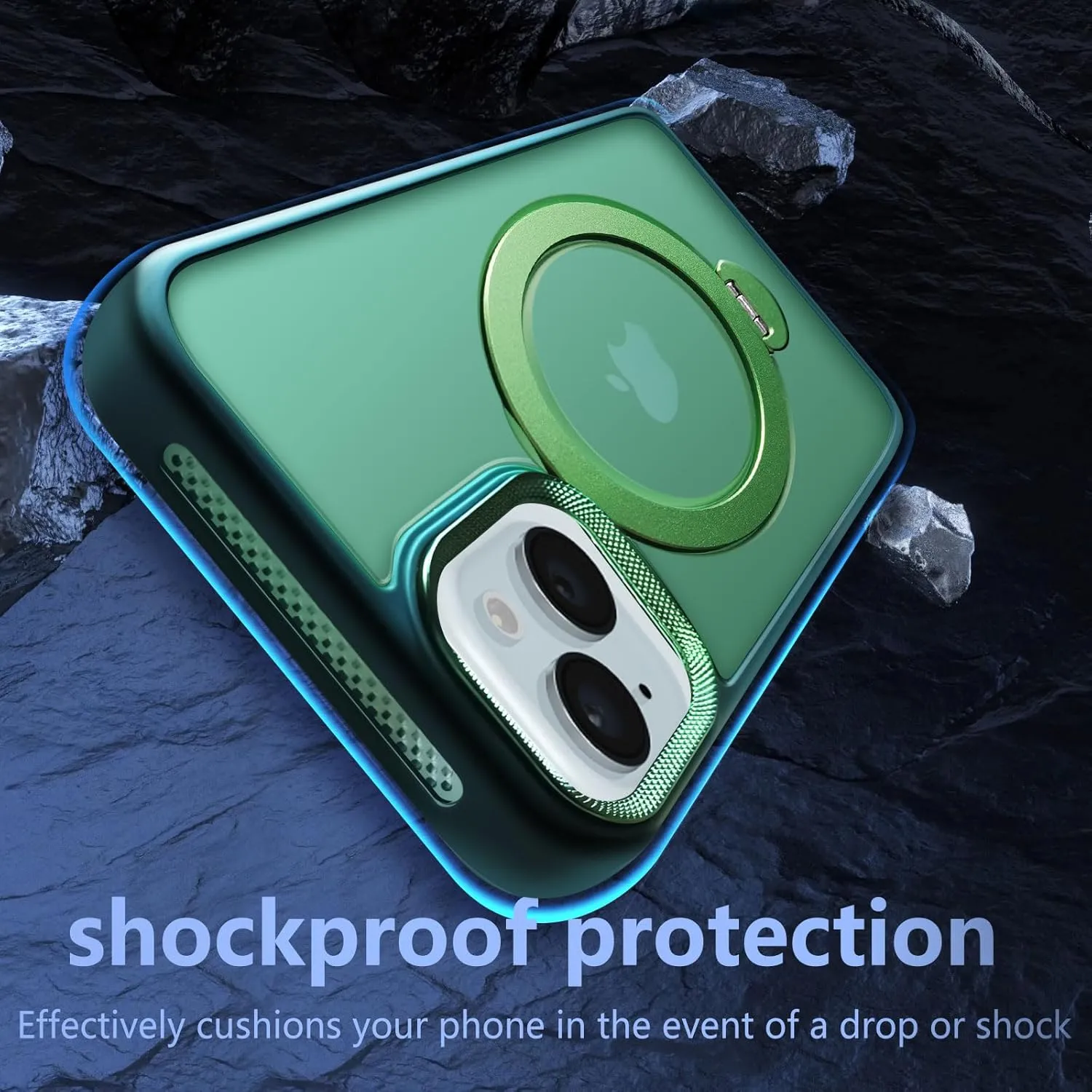 for iPhone 15 Case with 360 Spin Magnetic Stand Compatible with MagSafe [Built-in Invisible Bracket][with Honeycomb Cooling Holes] Good Heat DissipationMetal Lens FrameGreen