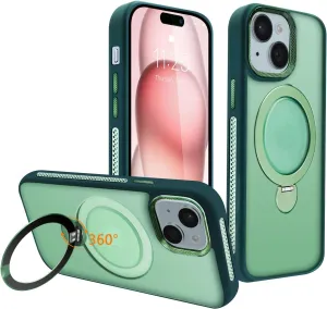 for iPhone 15 Case with 360 Spin Magnetic Stand Compatible with MagSafe [Built-in Invisible Bracket][with Honeycomb Cooling Holes] Good Heat DissipationMetal Lens FrameGreen