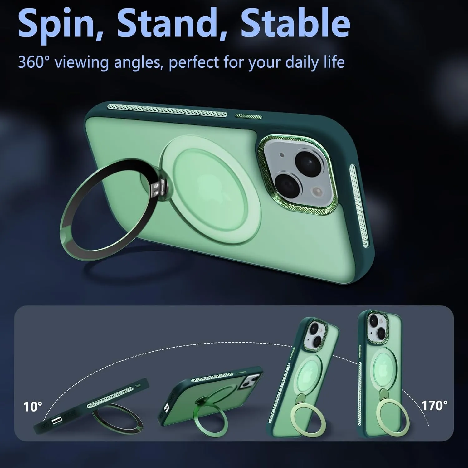 for iPhone 15 Case with 360 Spin Magnetic Stand Compatible with MagSafe [Built-in Invisible Bracket][with Honeycomb Cooling Holes] Good Heat DissipationMetal Lens FrameGreen