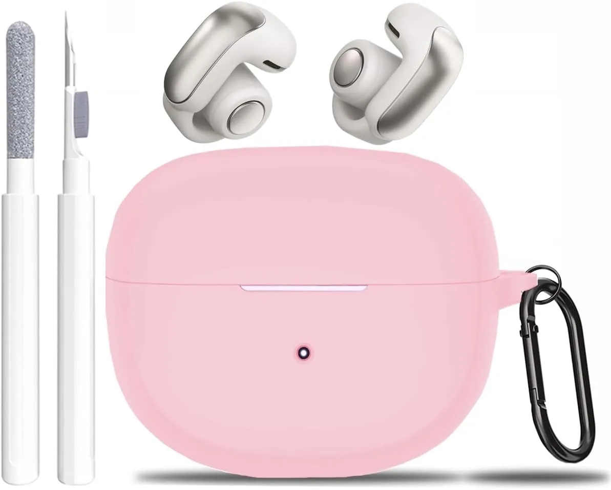 for New Bose Ultra Open Earbuds Case with Cleaner Kit 2024, Soft Silicone Shockproof Protective Cover Skin with Carabiner Women Men for Bose Open Ear Wireless Earbuds, Pink