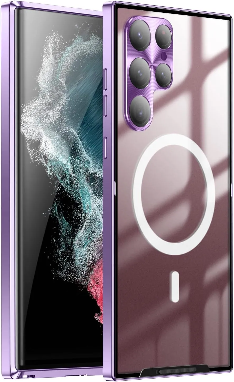 for Samsung Galaxy S21 Case Compatible with MagSafe Charger Ultra Slim Matte PC Back Metal Frame Bumper Scratch Resistant Safety Lock Shockproof Protective Case, Purple