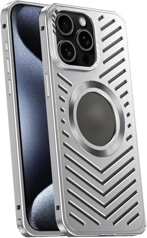 Full Metal snap Buckle Mobile Phone case, Suitable for 12/13/14/15/16Promax Heat Dissipation Breathable Magnetic Hollow Anti-Fall Protective Cover (Silver,iPhone 12)
