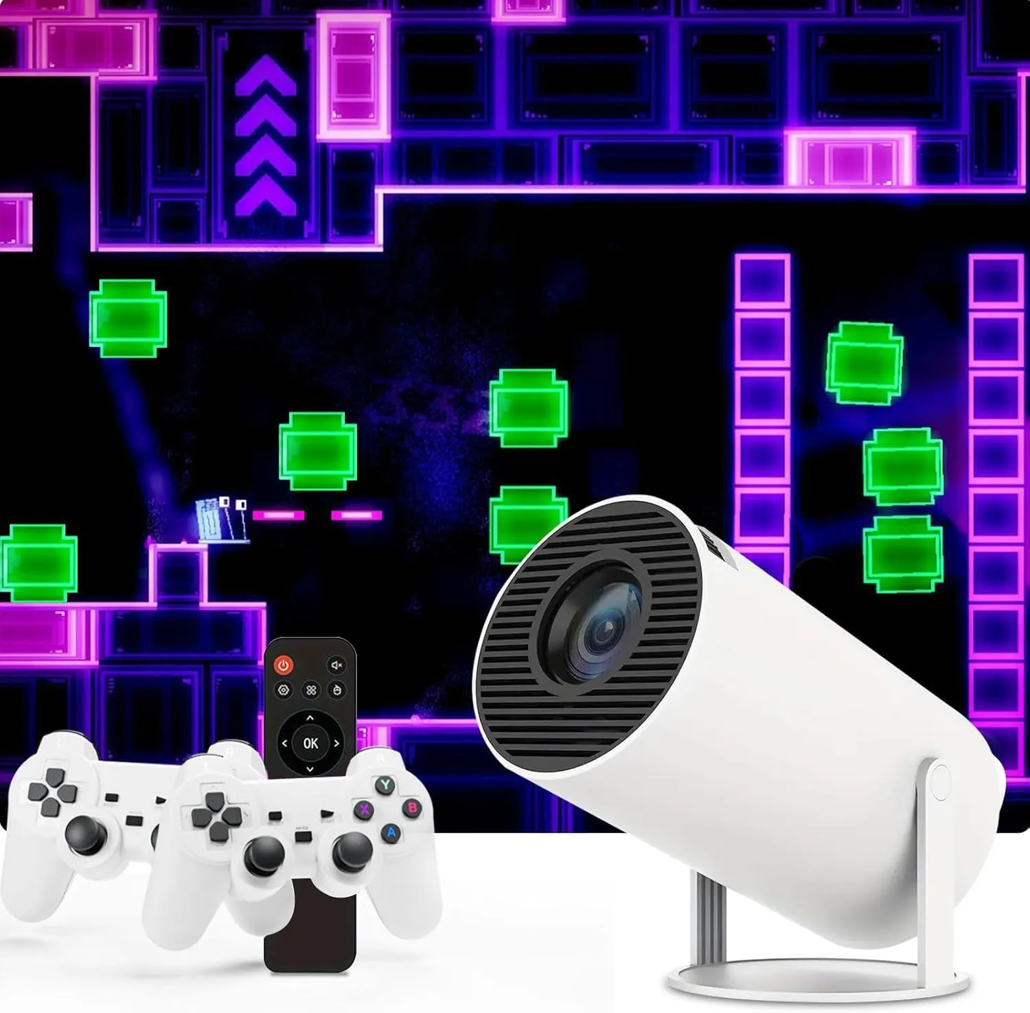 Game Projector and 2 Retro Gaming Consoles, Mini Projector with Wifi and Bluetooth, Small Portable Outdoor Movie Projector, Arcade Vision Smart HD Projector with Built in 10,000  Retro Games