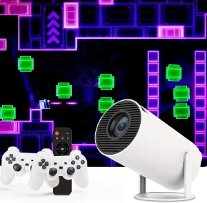 Game Projector and 2 Retro Gaming Consoles, Mini Projector with Wifi and Bluetooth, Small Portable Outdoor Movie Projector, Arcade Vision Smart HD Projector with Built in 10,000  Retro Games