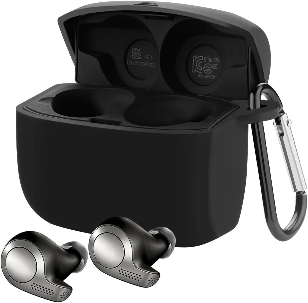 Geekria Silicone Case Cover Compatible with Jabra Elite Active 65t True Wireless Earbuds, Earphones Skin Cover, Protective Carrying Case with Keychain Hook, Charging Port Accessible (Black)