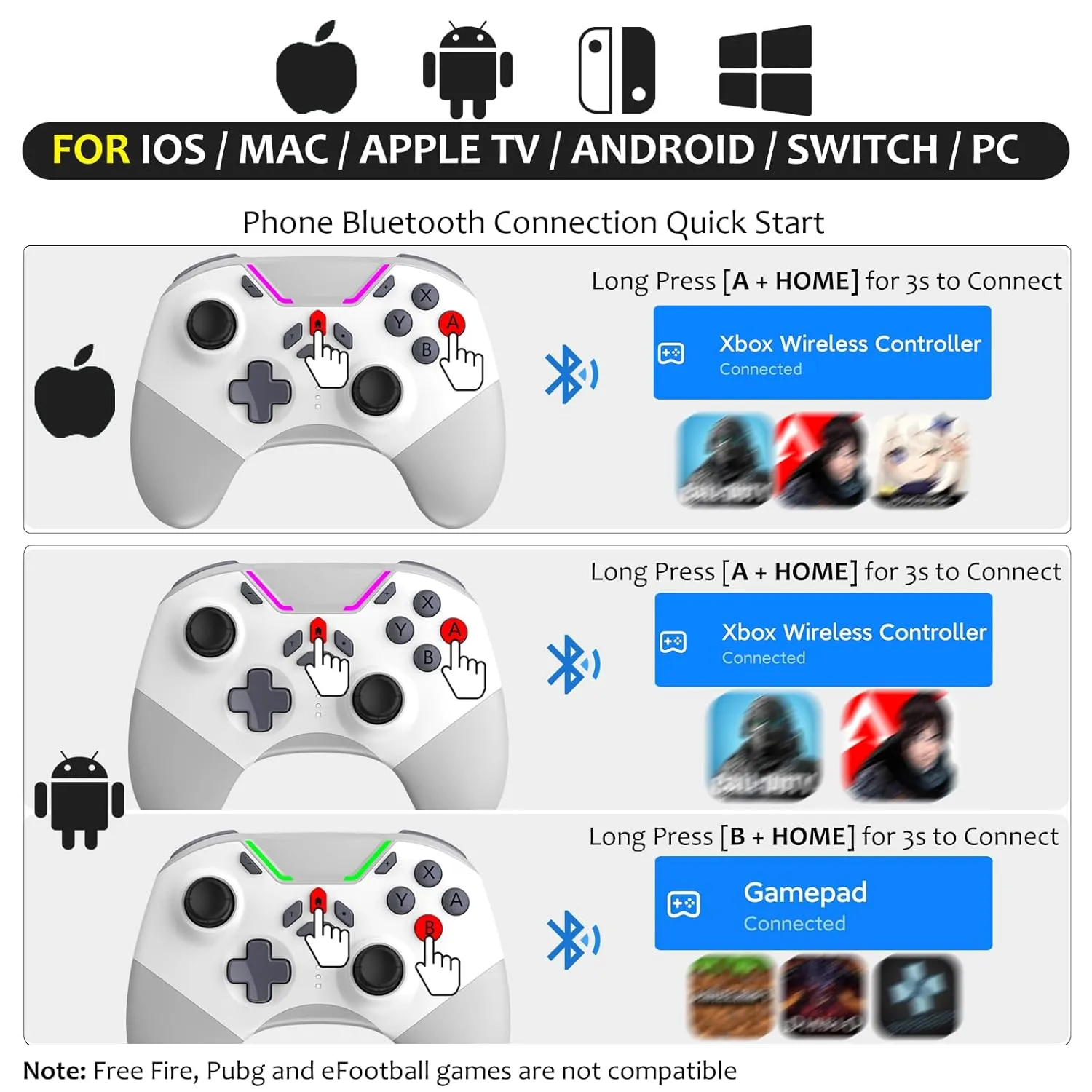 Hall Effect Bluetooth Controller for Switch/PC/iPhone/Android/Apple Arcade MFi Games/Mac/TV/Steam, Pro Wireless Game Controller with Phone Clip with Lock Speed/6-Axis Gyro/Dual Motors/Turbo/Switch Key