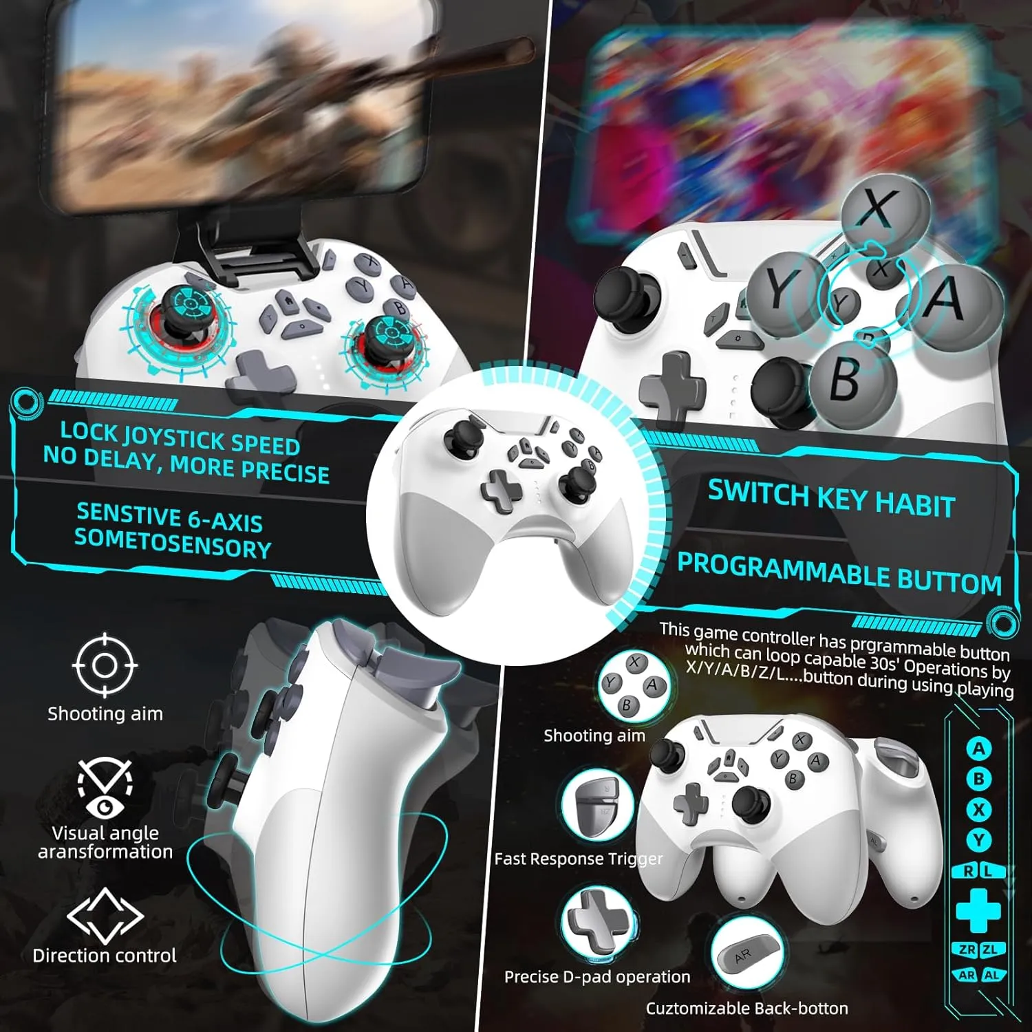 Hall Effect Bluetooth Controller for Switch/PC/iPhone/Android/Apple Arcade MFi Games/Mac/TV/Steam, Pro Wireless Game Controller with Phone Clip with Lock Speed/6-Axis Gyro/Dual Motors/Turbo/Switch Key