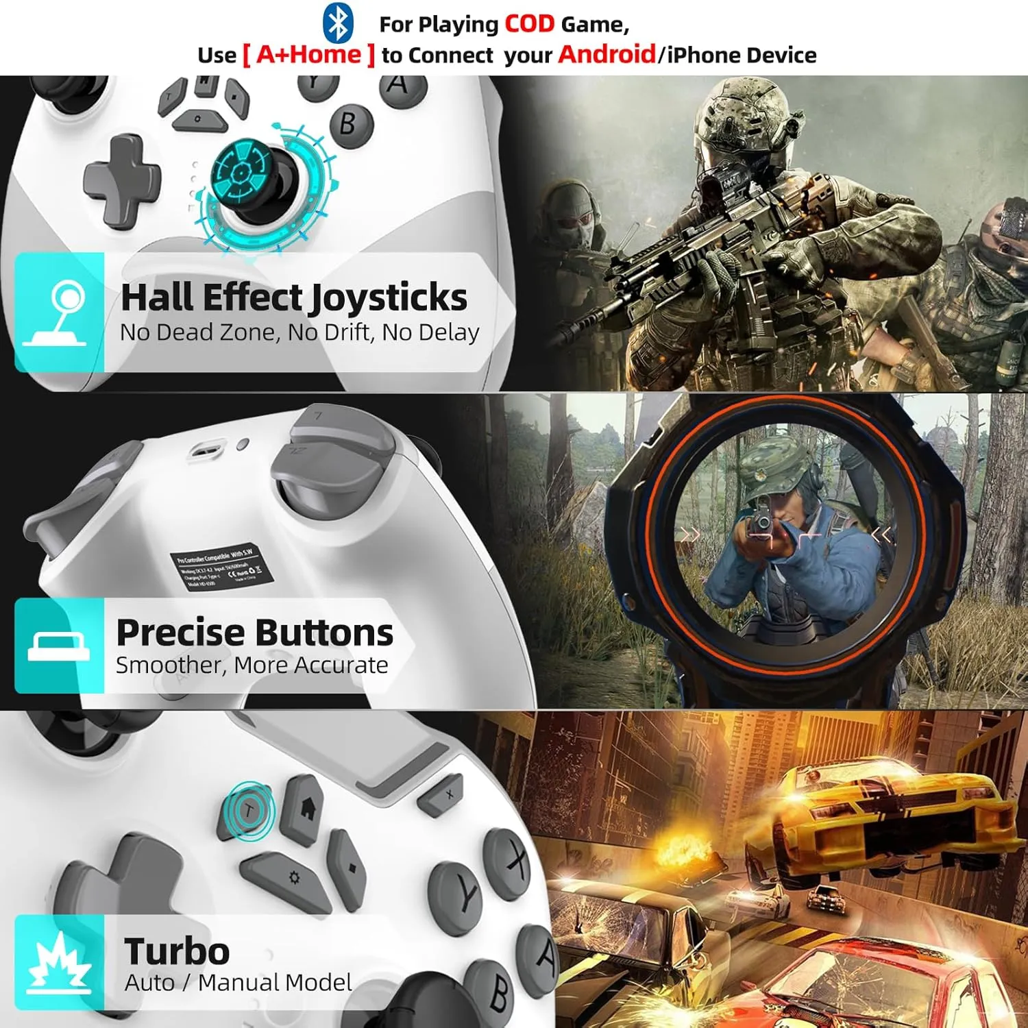 Hall Effect Bluetooth Controller for Switch/PC/iPhone/Android/Apple Arcade MFi Games/Mac/TV/Steam, Pro Wireless Game Controller with Phone Clip with Lock Speed/6-Axis Gyro/Dual Motors/Turbo/Switch Key