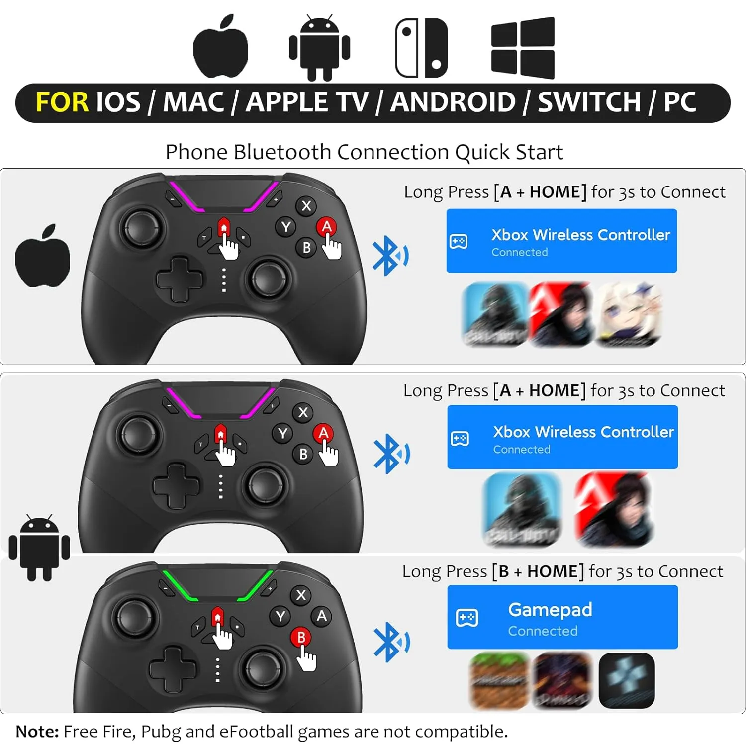 Hall Effect Bluetooth Controller for Switch/PC/iPhone/Android/TV/Steam, Pro Wireless Game Controller Remote Gamepad with Phone Clip with Hall Joystick/Lock Speed/6-Axis Gyro/Dual Motors/Turbo/Macro