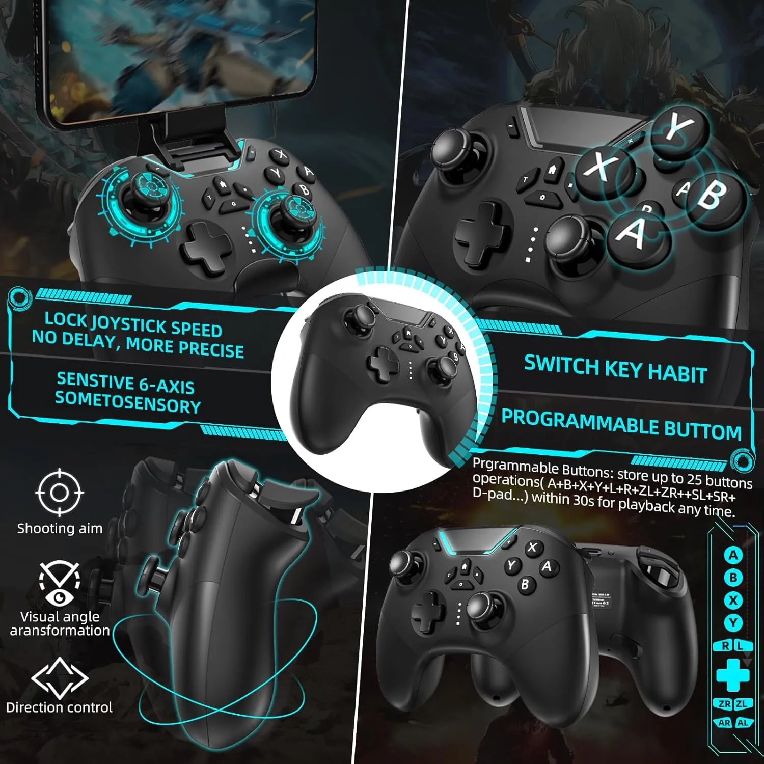 Hall Effect Bluetooth Controller for Switch/PC/iPhone/Android/TV/Steam, Pro Wireless Game Controller Remote Gamepad with Phone Clip with Hall Joystick/Lock Speed/6-Axis Gyro/Dual Motors/Turbo/Macro