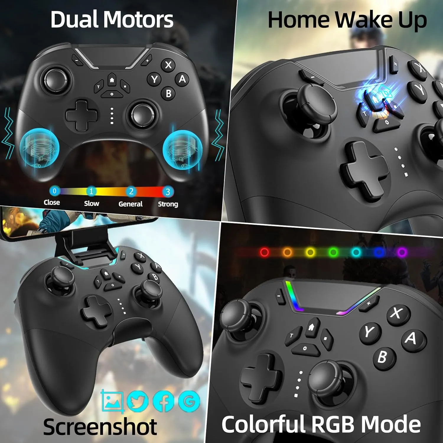 Hall Effect Bluetooth Controller for Switch/PC/iPhone/Android/TV/Steam, Pro Wireless Game Controller Remote Gamepad with Phone Clip with Hall Joystick/Lock Speed/6-Axis Gyro/Dual Motors/Turbo/Macro