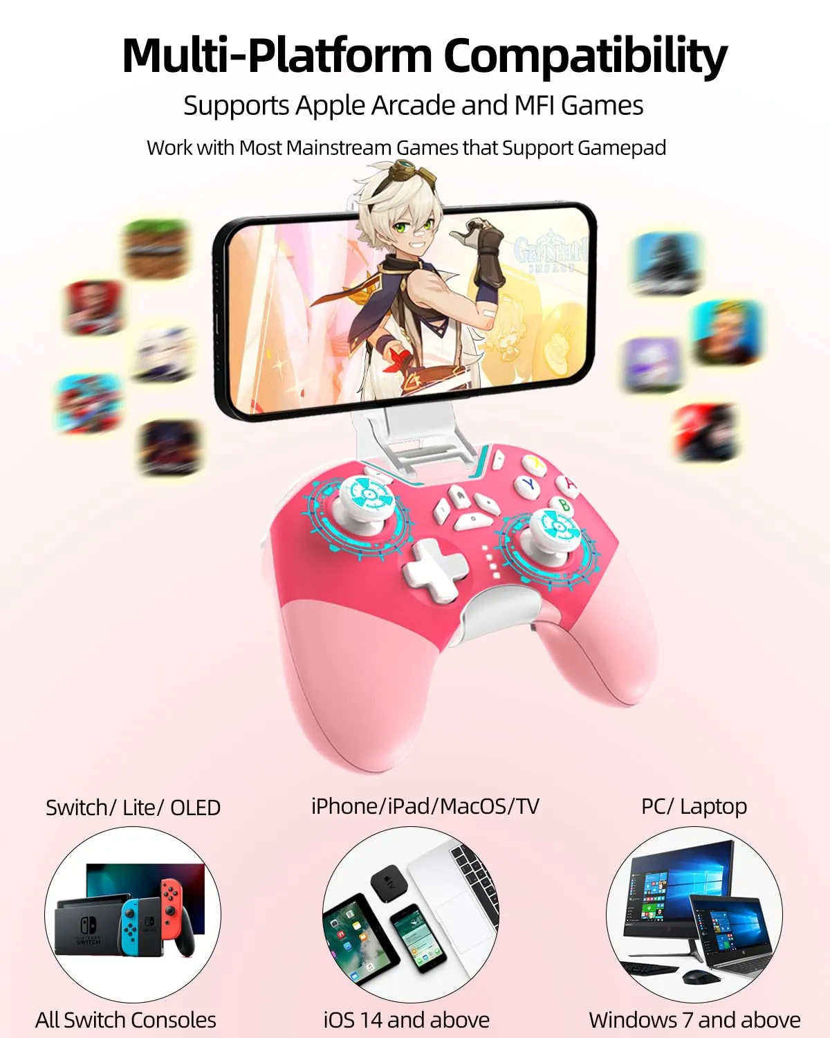 Hall Effect iPhone Controller with Phone Clip, Wireless Bluetooth Game Controller for Android/iPhone/Apple Arcade MFi Games/PC/Switch with Macro/Lock Joystick Speed/6-Axis/Motors/Turbo/ABXY FUN Switch