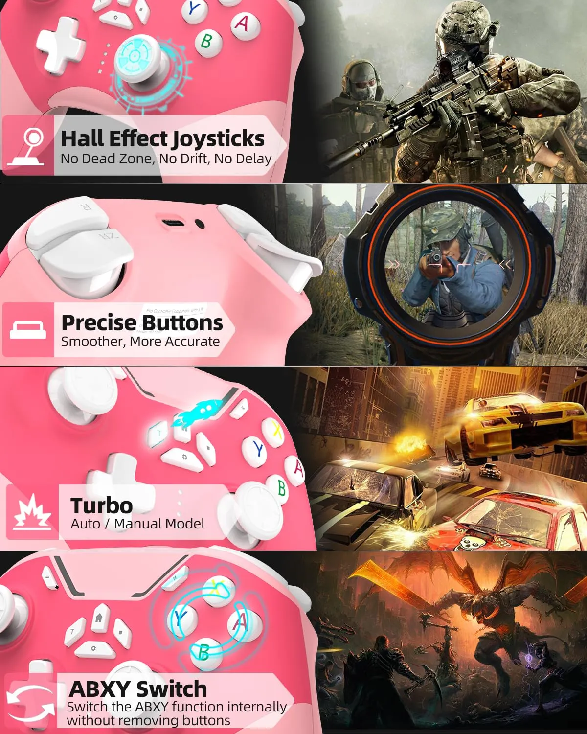Hall Effect iPhone Controller with Phone Clip, Wireless Bluetooth Game Controller for Android/iPhone/Apple Arcade MFi Games/PC/Switch with Macro/Lock Joystick Speed/6-Axis/Motors/Turbo/ABXY FUN Switch