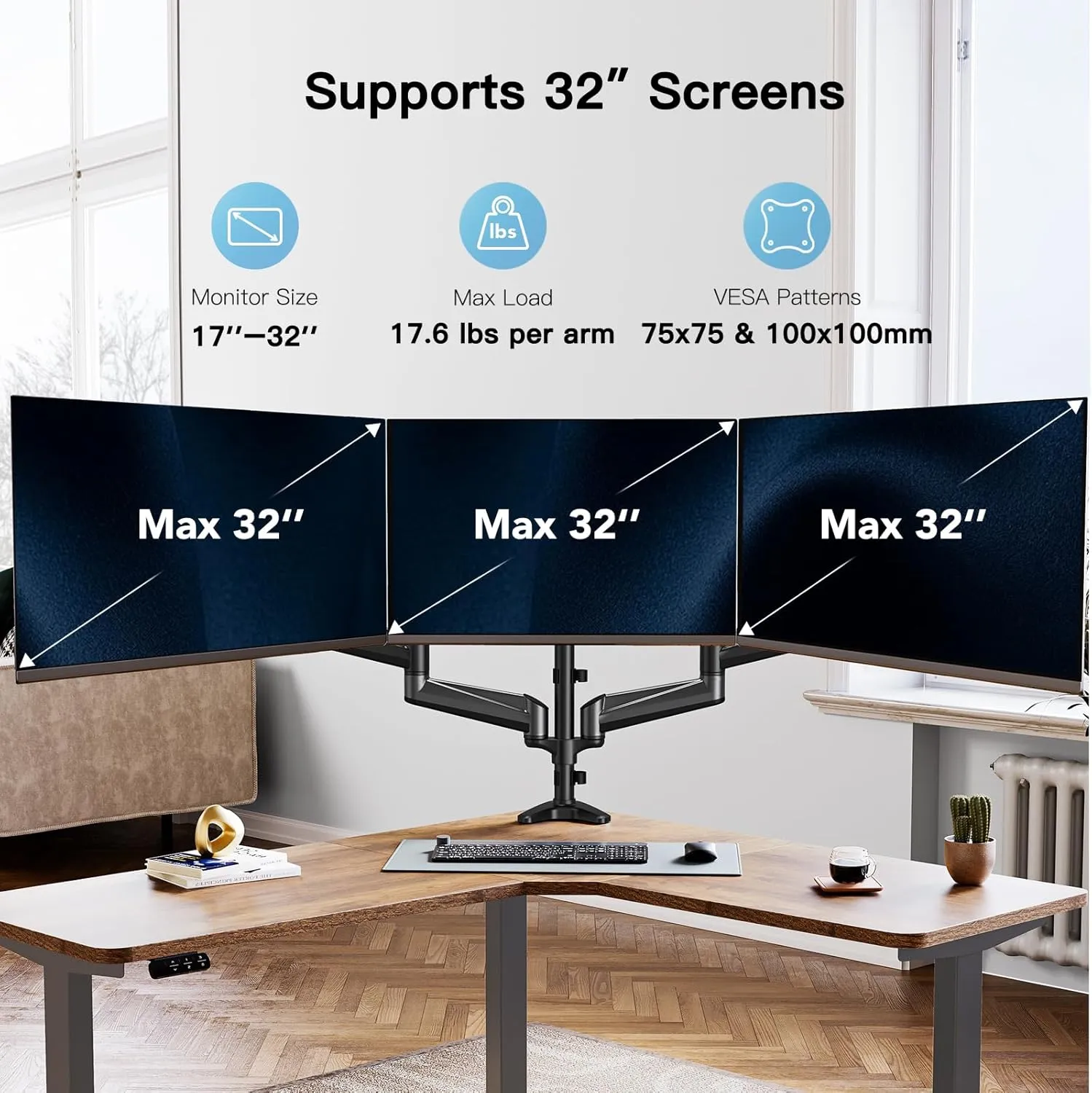 HUANUO Triple Monitor Mount for 17 to 32 inch Screens, Gas Springs Adjustment Triple Monitor Stand with Swivel, Tilt, Rotation, Clamp & Grommet Kit (Black)