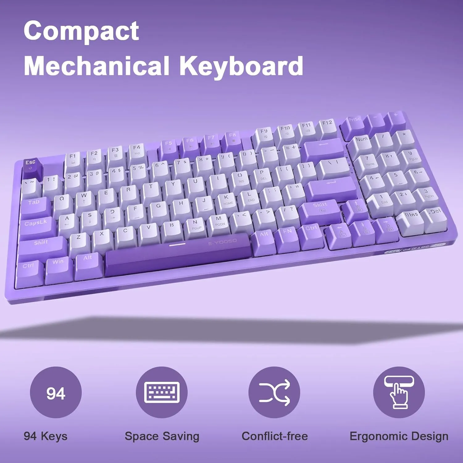 HUO JI Mechanical Gaming Keyboard USB Wired Compact with Number Pad, Purple Led Backlit, Blue Switch, Detachable Type C Cable, 94 Keys for PC/Computer/Laptop, White and Purple