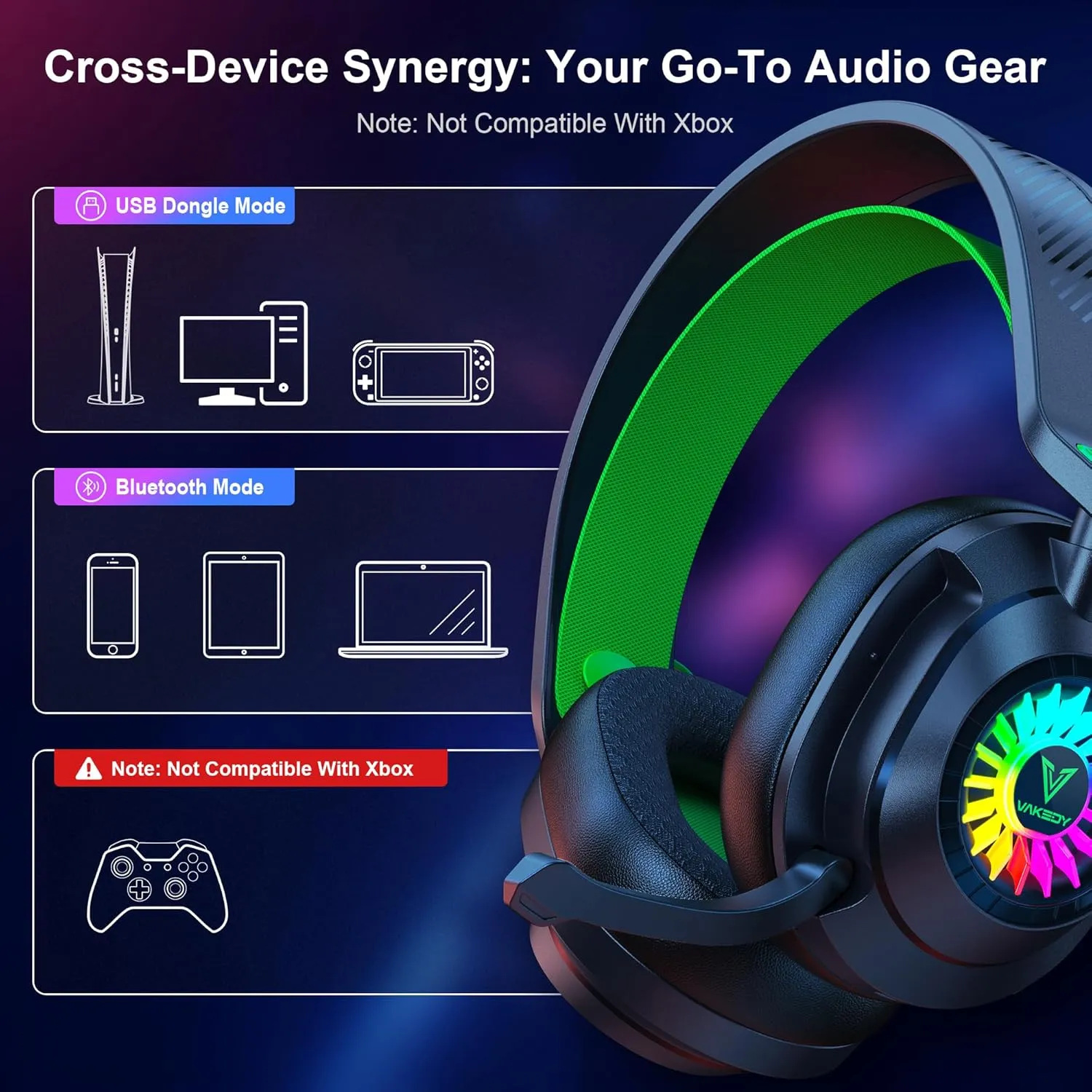 HW10 Wireless Gaming Headset for PS5,PS4,PC,2.4GHz Bluetooth Gaming Headphones with Noise Cancelling Microphone,50Hr Battery Gamer Headset for Switch, Laptop,Mobile,Mac,Cool RGB (Black/Green)