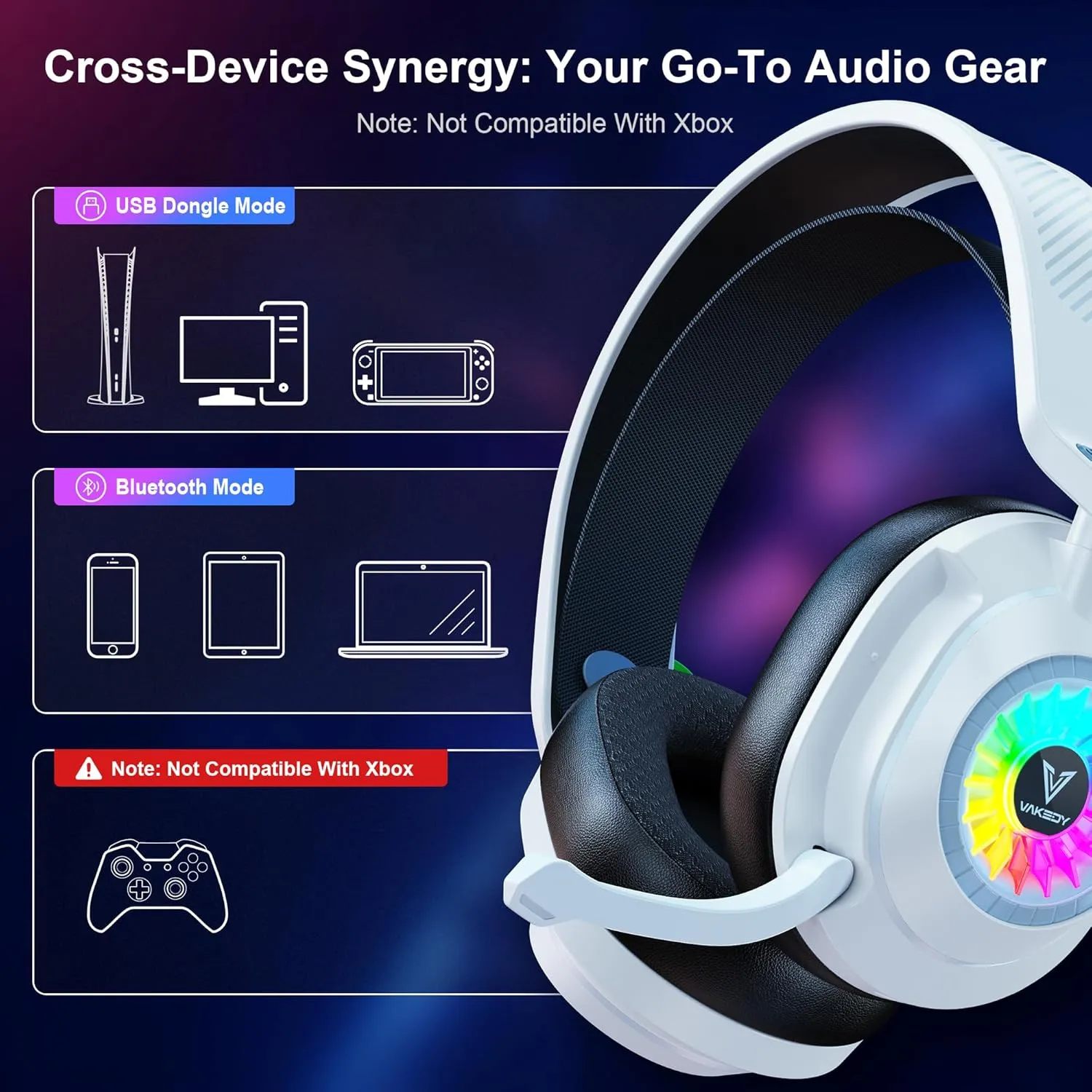 HW10 Wireless Gaming Headset for PS5,PS4,PC,2.4GHz Bluetooth Gaming Headphones with Noise Cancelling Microphone,50Hr Battery Gamer Headset for Switch, Laptop,Mobile,Mac,Cool RGB (White)