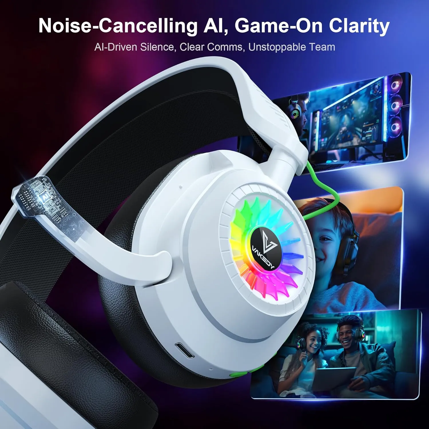 HW10 Wireless Gaming Headset for PS5,PS4,PC,2.4GHz Bluetooth Gaming Headphones with Noise Cancelling Microphone,50Hr Battery Gamer Headset for Switch, Laptop,Mobile,Mac,Cool RGB (White)