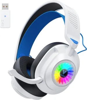 HW10 Wireless Gaming Headset for PS5,PS4,PC,2.4GHz Bluetooth Gaming Headphones with Noise Cancelling Microphone,50Hr Battery Gamer Headset for Switch, Laptop,Mobile,Mac,Cool RGB (White/Blue)