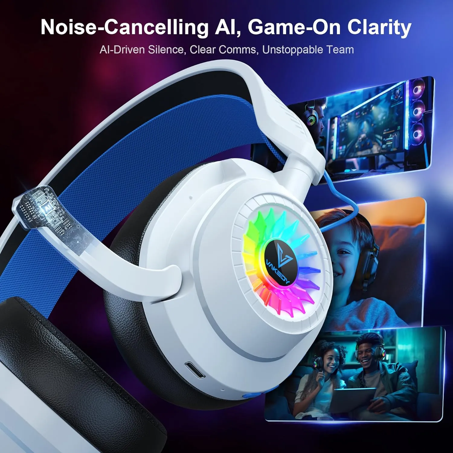 HW10 Wireless Gaming Headset for PS5,PS4,PC,2.4GHz Bluetooth Gaming Headphones with Noise Cancelling Microphone,50Hr Battery Gamer Headset for Switch, Laptop,Mobile,Mac,Cool RGB (White/Blue)