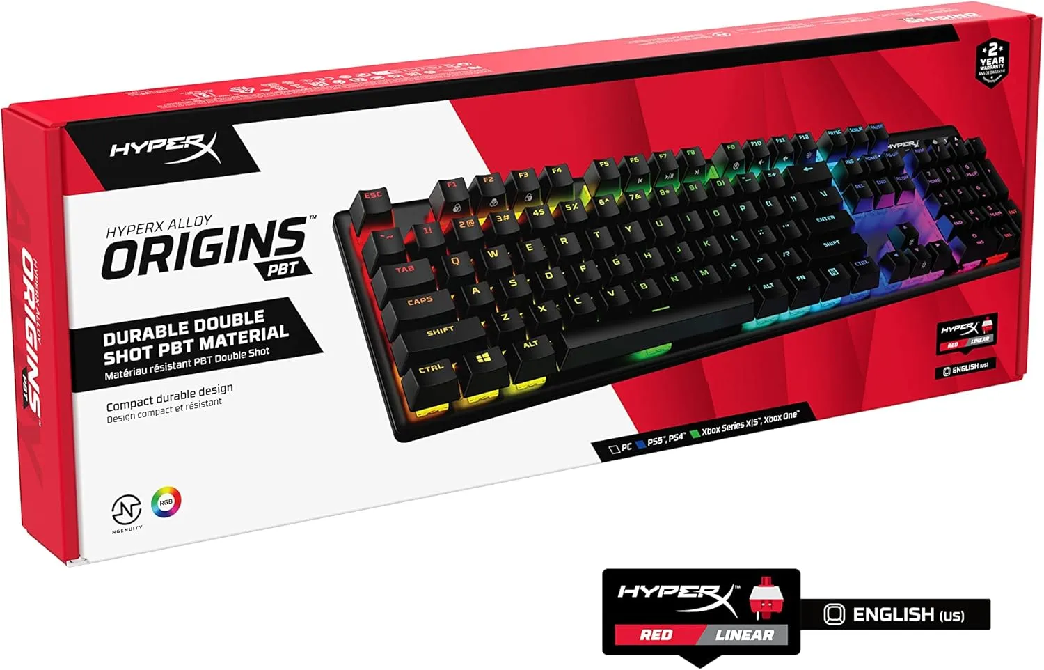 HyperX Alloy Origins PBT - Mechanical Gaming Keyboard, PBT Keycaps, RGB Lighting, Compact, Aluminum Body, Adjustable Feet, Customizable with HyperX NGENUITY, Onboard Memory - HyperX Linear Red Switch