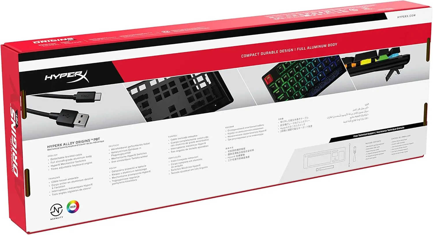 HyperX Alloy Origins PBT - Mechanical Gaming Keyboard, PBT Keycaps, RGB Lighting, Compact, Aluminum Body, Adjustable Feet, Customizable with HyperX NGENUITY, Onboard Memory - HyperX Linear Red Switch