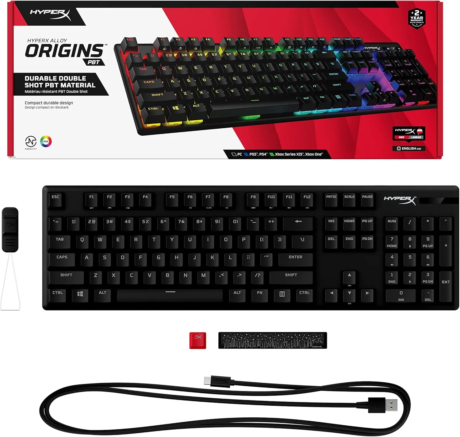 HyperX Alloy Origins PBT - Mechanical Gaming Keyboard, PBT Keycaps, RGB Lighting, Compact, Aluminum Body, Adjustable Feet, Customizable with HyperX NGENUITY, Onboard Memory - HyperX Linear Red Switch