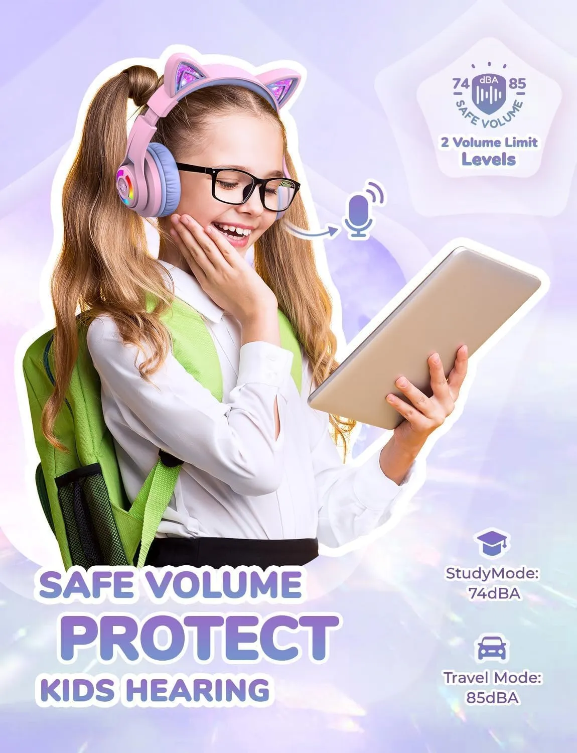 iClever Cat Ear Kids Bluetooth Headphones, LED Lights Up, 74/85/94dB Volume Limited, 50H Playtime,Bluetooth 5.2, USB C,Kids Headphones Wireless Over Ear for Travel iPad Tablet, Meow Macaron-Purple