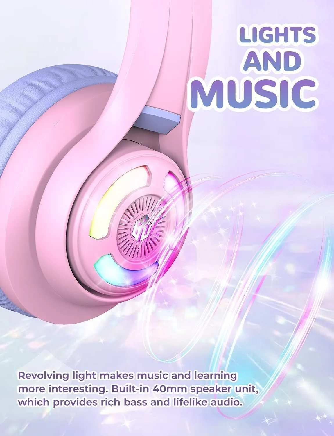 iClever Cat Ear Kids Bluetooth Headphones, LED Lights Up, 74/85/94dB Volume Limited, 50H Playtime,Bluetooth 5.2, USB C,Kids Headphones Wireless Over Ear for Travel iPad Tablet, Meow Macaron-Purple