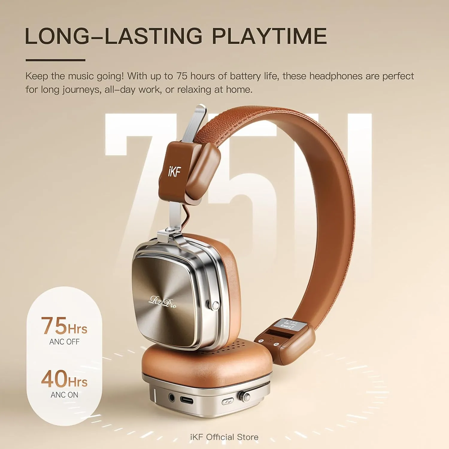iKF R2 Pro Retro Metal Leather Wireless Headphones with ANC -45dB, 40mm HiFi Drivers, 75H Playback, Bluetooth 5.4 & AUX, Customizable Lighting, ENC 5-Mic Clear Calls, Low Latency,App Control, Black