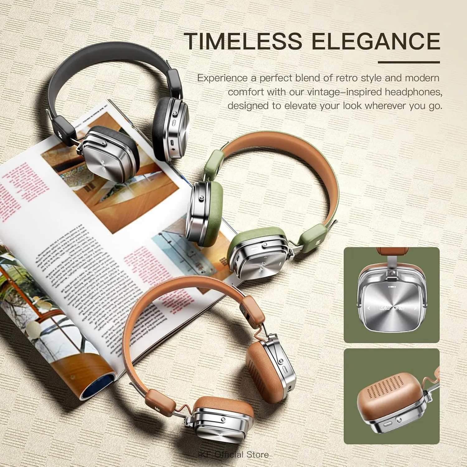 iKF R2 Pro Retro Metal Leather Wireless Headphones with ANC -45dB, 40mm HiFi Drivers, 75H Playback, Bluetooth 5.4 & AUX, Customizable Lighting, ENC 5-Mic Clear Calls, Low Latency,App Control, Black