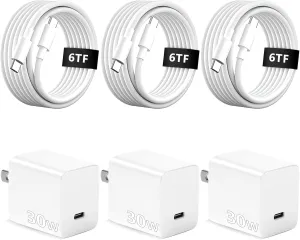 iPhone 15 16 Charger Nano Fast Charging 3 Pack 30W GaN USB C Charger Block Type C Chargers 6FT Cord Wall Chargers Compatible with iPhone 16/16 Plus/16 Pro/16 Pro Max/15/15 Pro Max/iPad Pro/AirPods