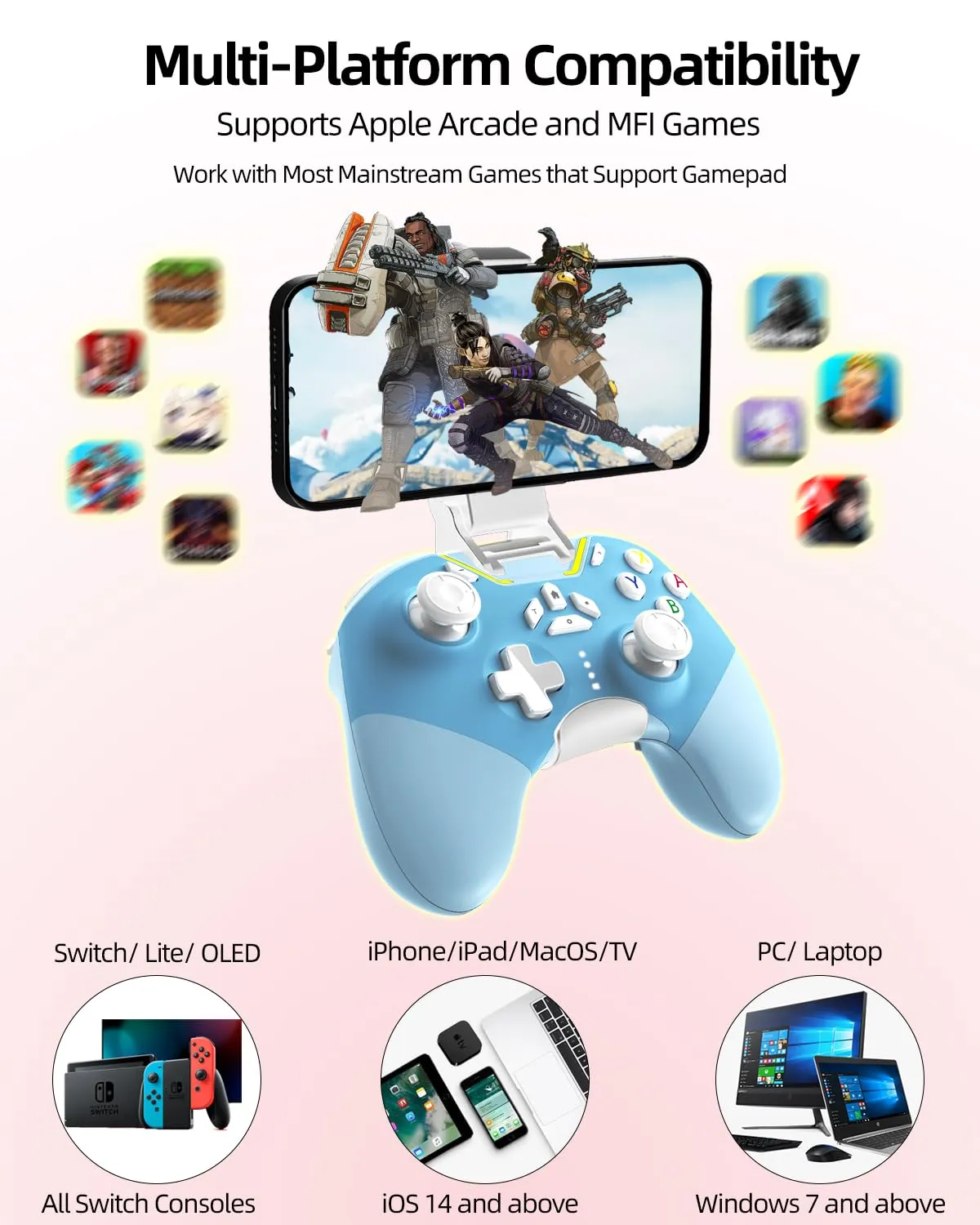 iPhone Controller with Phone Clip, Hall Effect Joystick Wireless Bluetooth Gaming Controller for Android/iPhone/Apple Arcade MFi Games/PC/Switch/Steam with Macro/Lock Joystick Speed/6-Axis/Motor/Turbo