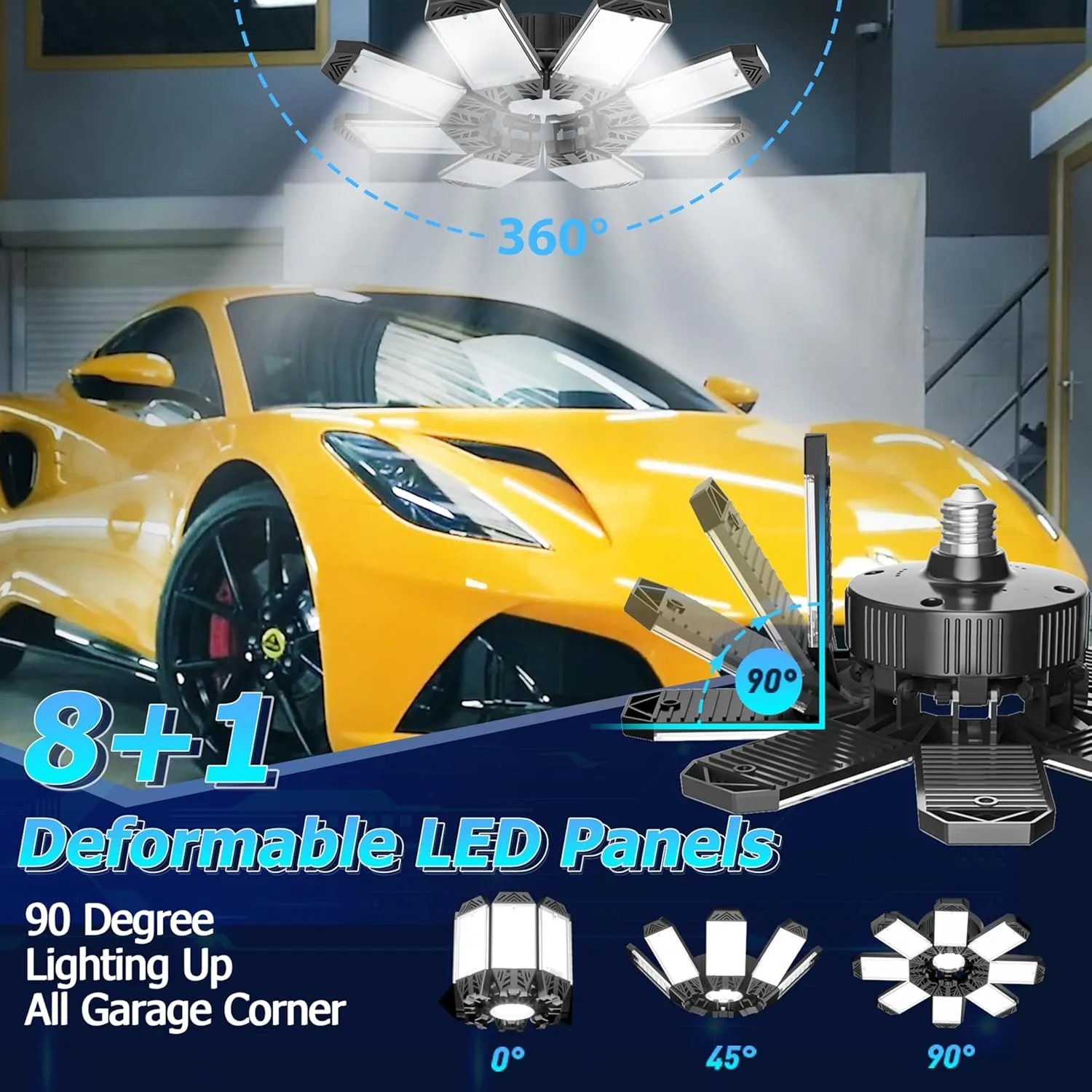 ISKYDRAW Garage Lights 6 Pack, 260W 26000LM Bright LED Garage Light with 8 1 Foldable Panels, Ceiling Basement Lights Screw in E26 E27 Socket Shop Bay Lighting for Workshop, Barn, Warehouse