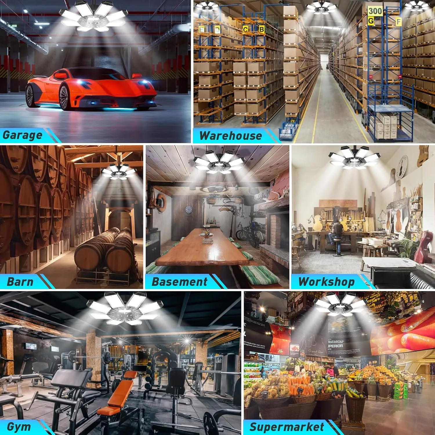 ISKYDRAW Garage Lights 6 Pack, 260W 26000LM Bright LED Garage Light with 8 1 Foldable Panels, Ceiling Basement Lights Screw in E26 E27 Socket Shop Bay Lighting for Workshop, Barn, Warehouse
