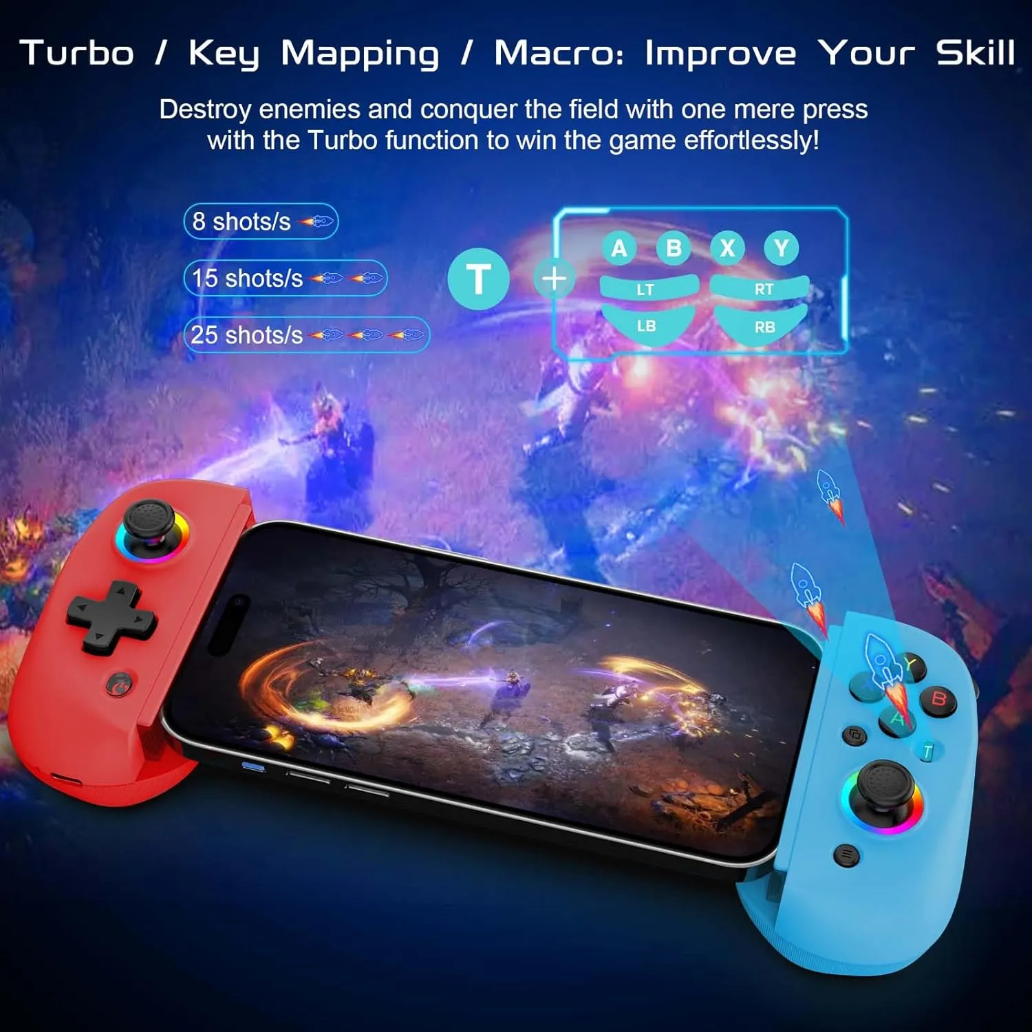 Joso Mobile Gaming Controller for iPhone/iPad/Tablet, Android Wireless Controller with Hall Effects Joysticks, Support PC/Switch, Play Cloud Games/PS Remote Play/COD/Genshin Impact & More - Blue Red