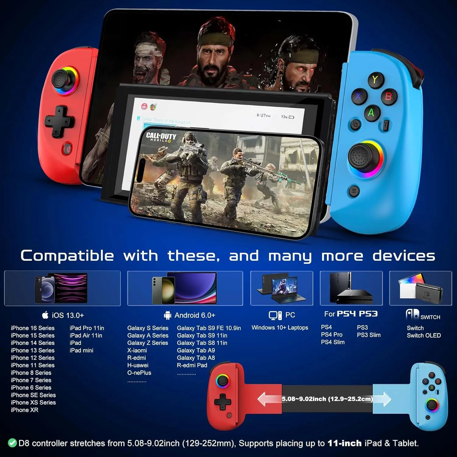 Joso Mobile Gaming Controller for iPhone/iPad/Tablet, Android Wireless Controller with Hall Effects Joysticks, Support PC/Switch, Play Cloud Games/PS Remote Play/COD/Genshin Impact & More - Blue Red
