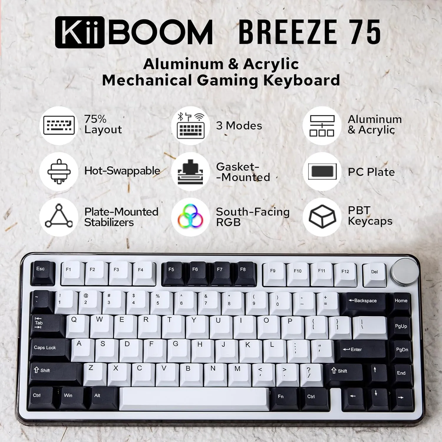 KiiBoom Breeze 75 75% CNC Aluminum and Acrylic Mechanical Gaming Keyboard, USB-C/BT5.0/2.4GHz Wireless Creamy Keyboard, with Gasket Structure, RGB, 8000mAh Battery for Win/Mac (Black)