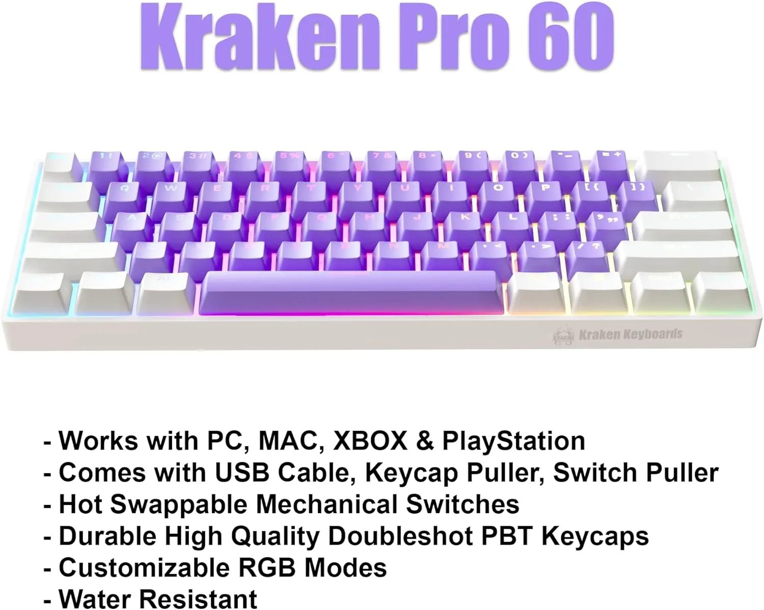 KRAKEN KEYBOARDS Purple Cloud Edition Kraken Pro 60 | White & Purple 60% HOT SWAPPABLE Mechanical Gaming Keyboard for Gaming On PC, Xbox, PlayStation & MAC (Purple Cloud | Silver Switches)