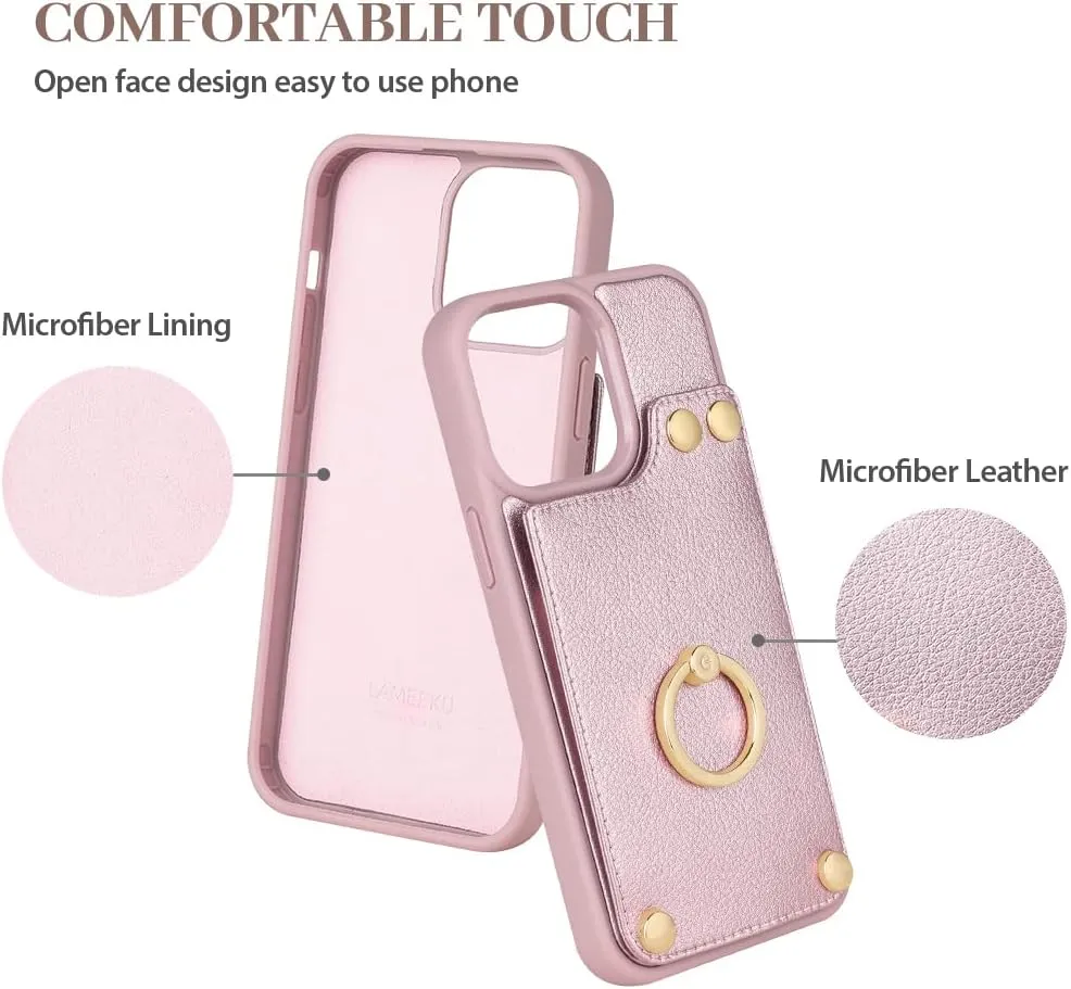 LAMEEKU Wallet Case Compatible with iPhone 13, Case with Card Holder, RFID Blocking Leather Cover 360Rotation Ring Kickstand Protective Bumper Designed for Apple iPhone 13 6.1'' (2021) Rose Gold