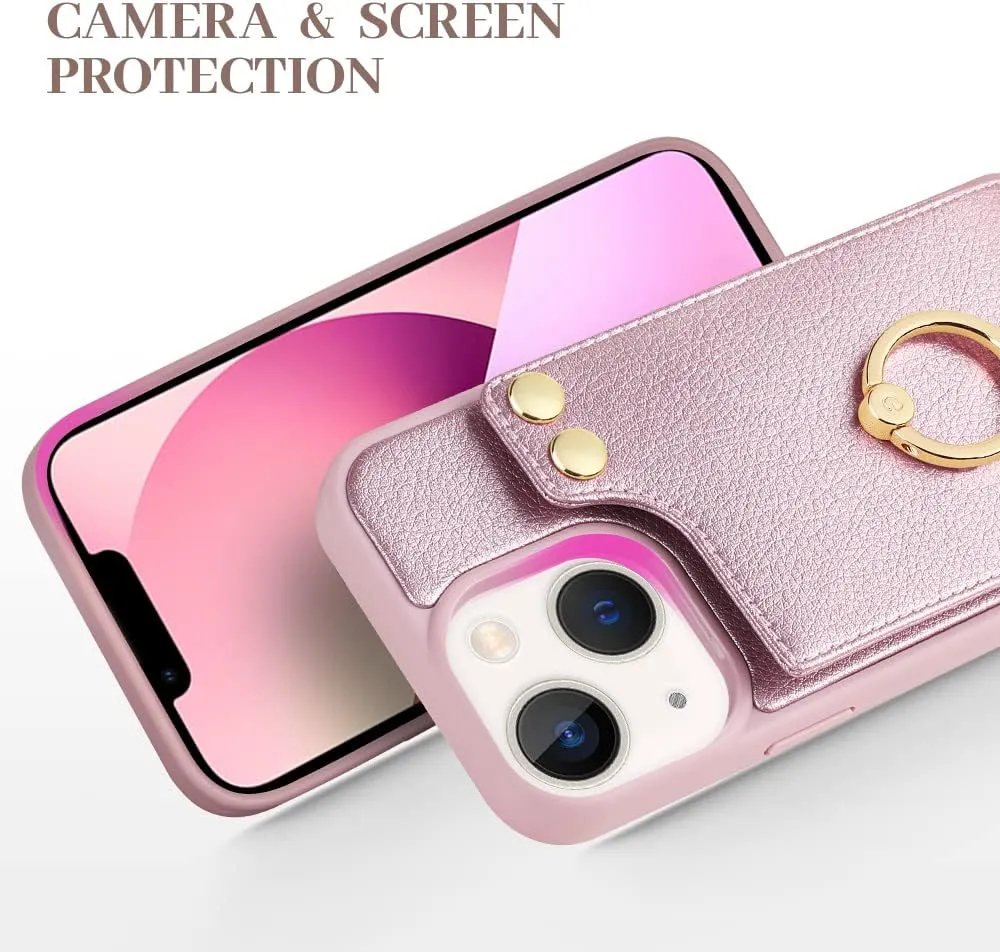 LAMEEKU Wallet Case Compatible with iPhone 13, Case with Card Holder, RFID Blocking Leather Cover 360Rotation Ring Kickstand Protective Bumper Designed for Apple iPhone 13 6.1'' (2021) Rose Gold