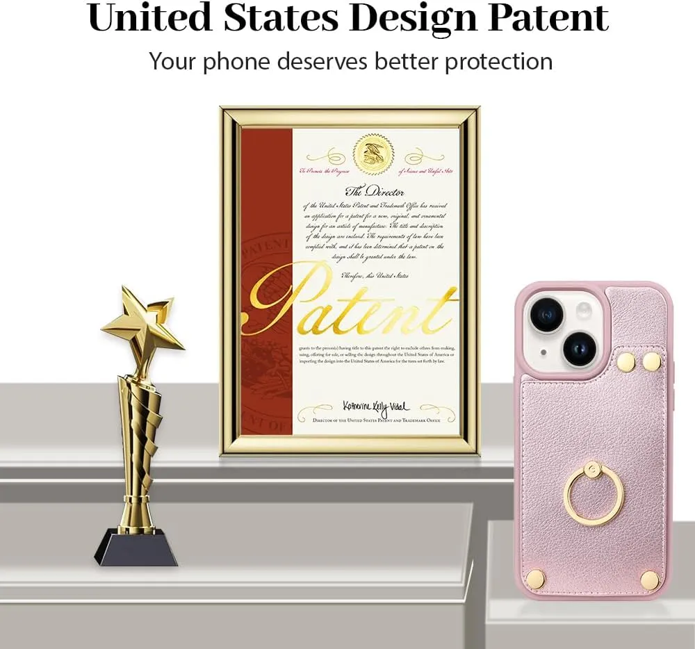LAMEEKU Wallet Case Compatible with iPhone 13, Case with Card Holder, RFID Blocking Leather Cover 360Rotation Ring Kickstand Protective Bumper Designed for Apple iPhone 13 6.1'' (2021) Rose Gold
