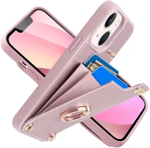LAMEEKU Wallet Case Compatible with iPhone 13, Case with Card Holder, RFID Blocking Leather Cover 360Rotation Ring Kickstand Protective Bumper Designed for Apple iPhone 13 6.1'' (2021) Rose Gold