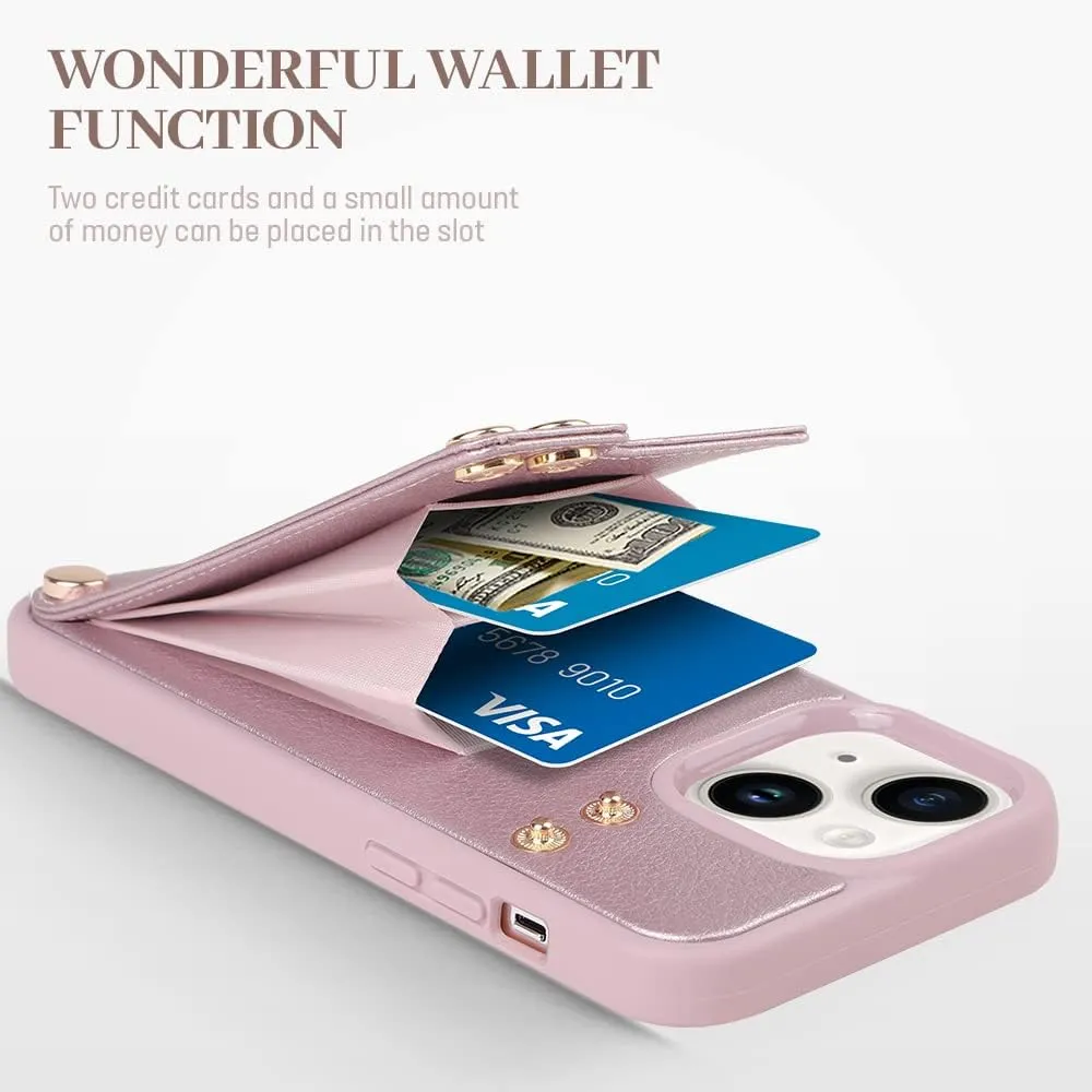LAMEEKU Wallet Case Compatible with iPhone 13, Case with Card Holder, RFID Blocking Leather Cover 360Rotation Ring Kickstand Protective Bumper Designed for Apple iPhone 13 6.1'' (2021) Rose Gold